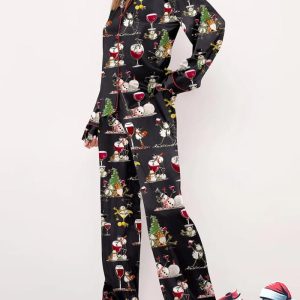 Winey Snowman Christmas Black Long Pajama Set 2