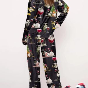 Winey Snowman Christmas Black Long Pajama Set 3