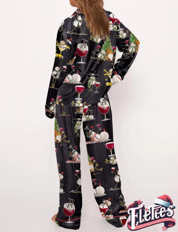 Winey Snowman Christmas Black Long Pajama Set