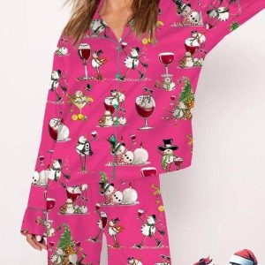 Winey Snowman Pink Long Sleeve Pajama Set 1