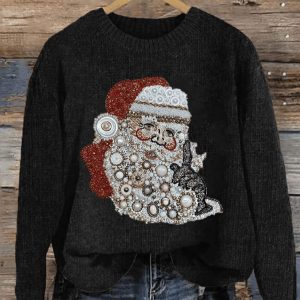 Women Shiny Jewelry Santa Claus Print Christmas Casual Sweatshirt