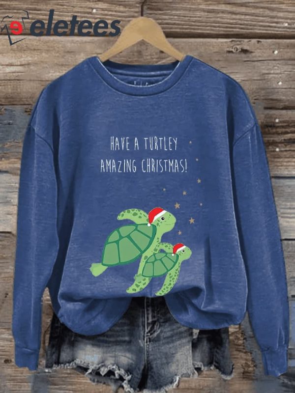 Women’S Casual Merry Christmas Turtle Printed Long Sleeve Sweatshirt