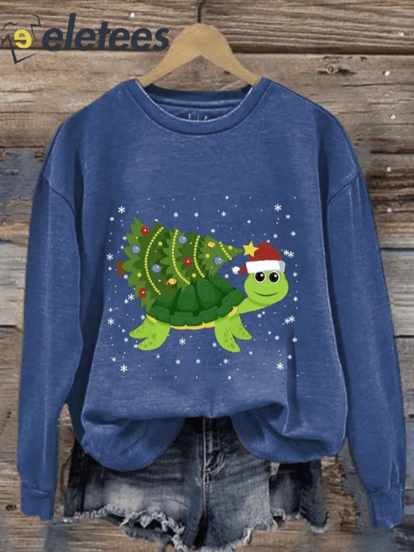 Women’S Casual Merry Christmas Turtle Printed Sweatshirt