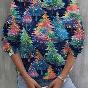 Women’S Casual Rainbow Christmas Trees Printed Long Sleeve Sweatshirt
