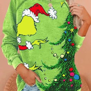 WomenS Christmas Green Fur Monster Print Sweatshirt