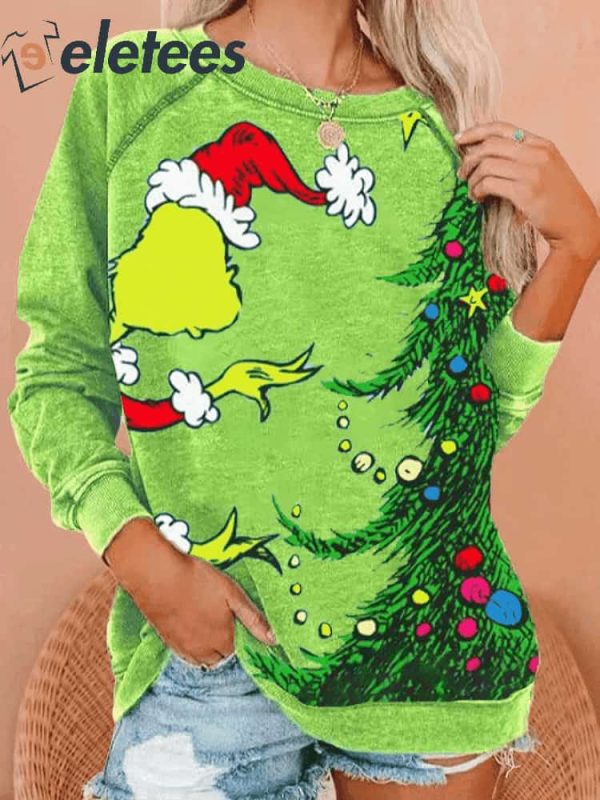 Women’S Christmas Green Fur Monster Print Sweatshirt
