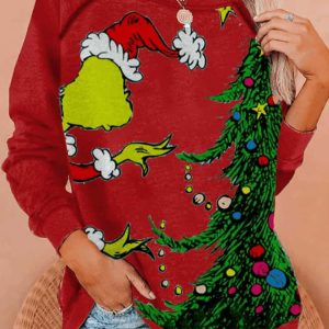 WomenS Christmas Green Fur Monster Print Sweatshirt2