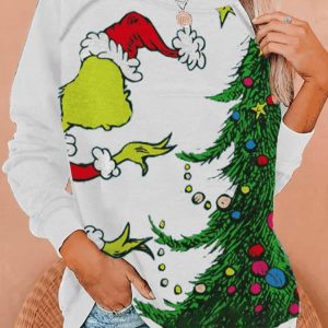 WomenS Christmas Green Fur Monster Print Sweatshirt3