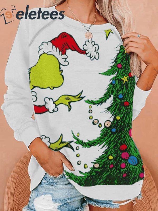 Women’S Christmas Green Fur Monster Print Sweatshirt