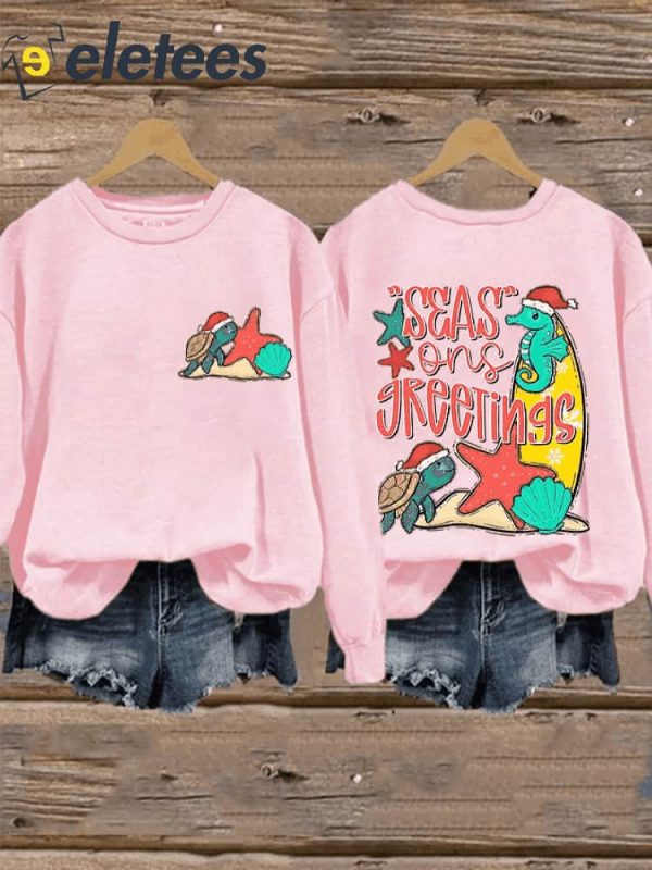 Women’S Merry Christmas Turtle Printed Long Sleeve Sweatshirt