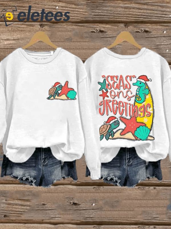 Women’S Merry Christmas Turtle Printed Long Sleeve Sweatshirt