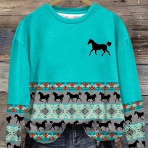 Women’S Retro Plus Horse & Aztec Printed Crew Neck Sweatshirt