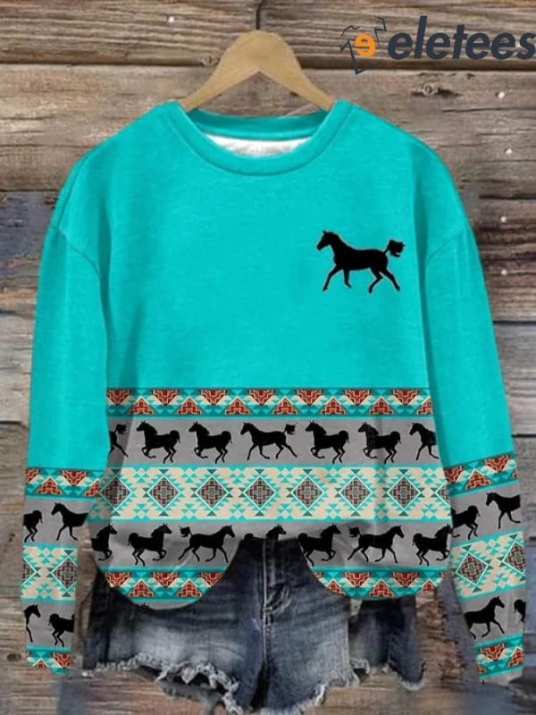 Women’S Retro Plus Horse & Aztec Printed Crew Neck Sweatshirt