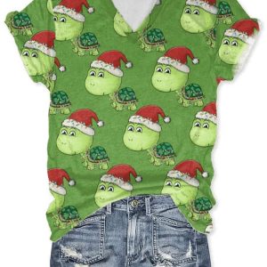 Women’s Casual Merry Christmas Turtle Printed Short Sleeve Shirt