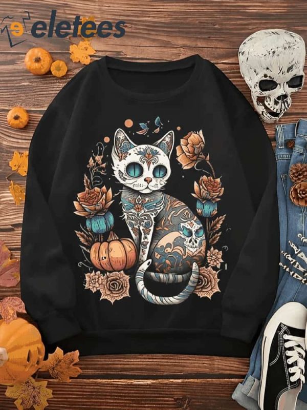 Women’s Cat Skeleton Flowers Sweatshirt