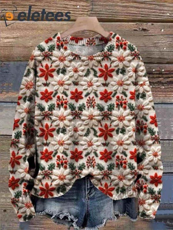 Women’s Christmas Art Print Knit Pullover Sweater