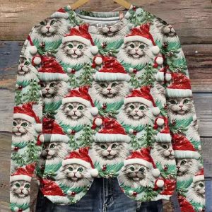 Women’s Christmas Casual Cat Print Long Sleeve Sweatshirt