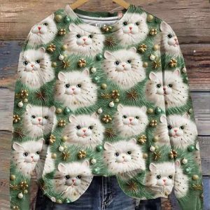 Women’s Christmas Casual Cute Cat Print Long Sleeve Sweatshirt