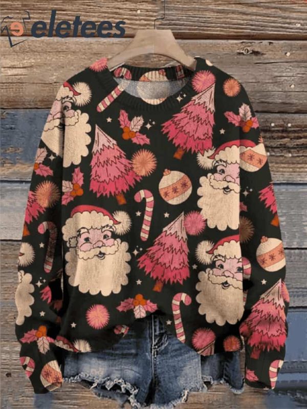 Women’s Christmas Cute Santa Print Knit Pullover Sweater