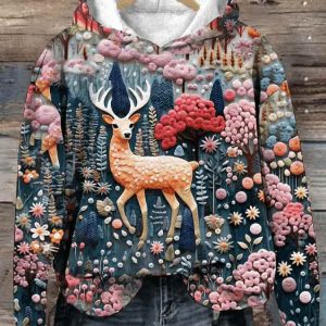 Women’s Christmas Elk Embroidery Print Hoodie