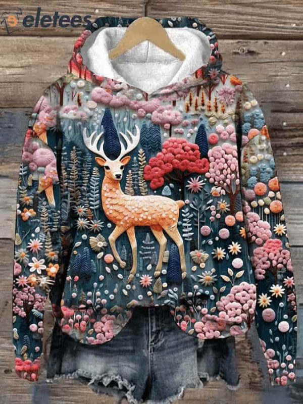 Women’s Christmas Elk Embroidery Print Hoodie