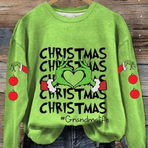 Womens Christmas Funny Green Monster Grandmalife Printed Sweatshirt