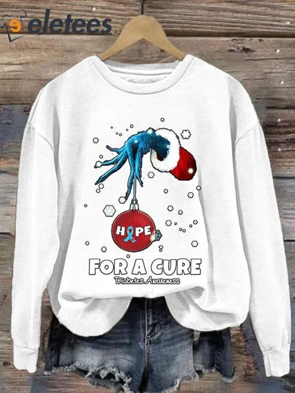 Women’s Christmas Hope For A Cure Diabetes Awareness Print Long Sleeve Sweatshirt