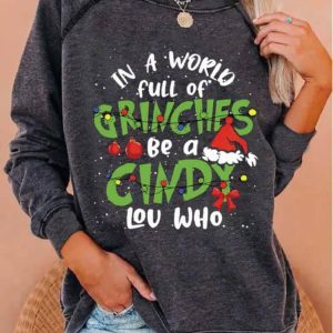 Womens Christmas In a world full of be a Cindy Lou Who Green Monster Print Top 3