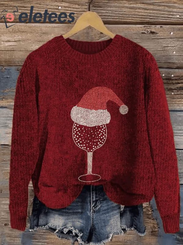 Women’s Christmas Jewelry Red Wine Glass Print Sweater