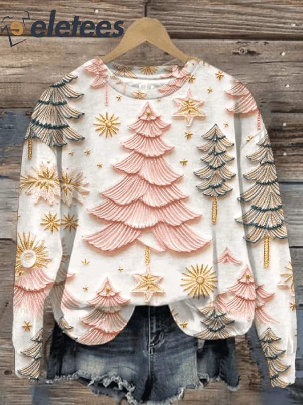 Women’s Christmas Tree And Snowflower Print Long Sleeve Sweater