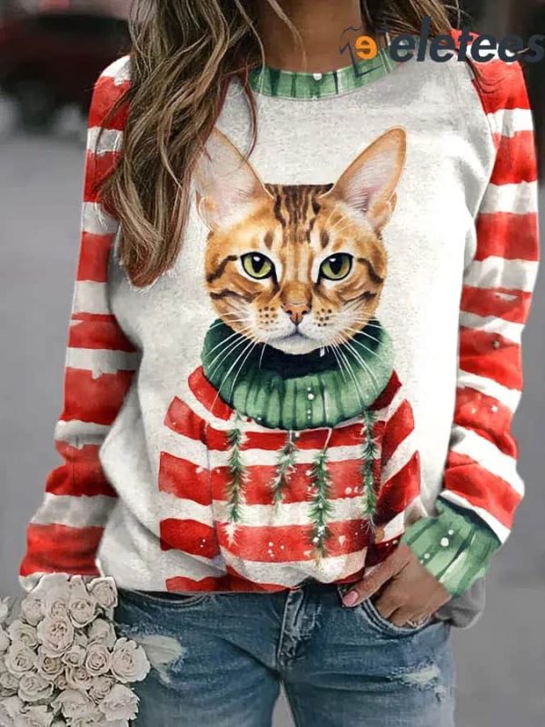 Women’s Christmas Winter Funny Cute Clipart Cat Printed Sweatshirt