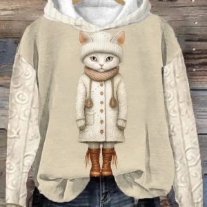 Women’s Christmas Winter Funny Cute Wonderland Clothing Clipart Cat Printed Hooded Sweatshirt