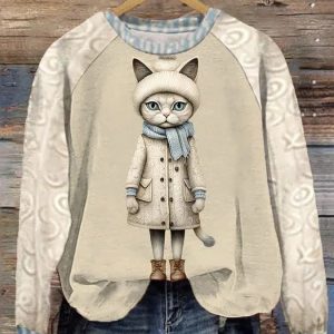 Women’s Christmas Winter Funny Cute Wonderland Clothing Clipart Cat Printed Sweatshirt
