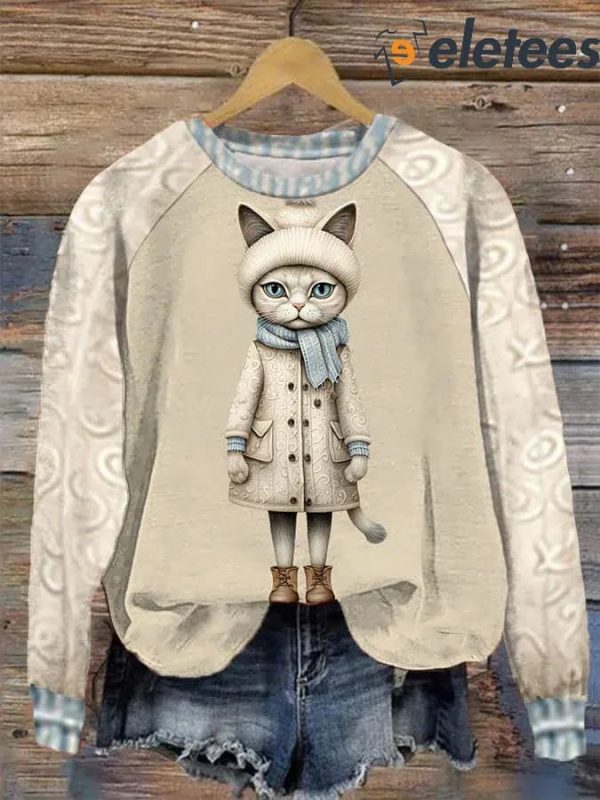 Women’s Christmas Winter Funny Cute Wonderland Clothing Clipart Cat Printed Sweatshirt