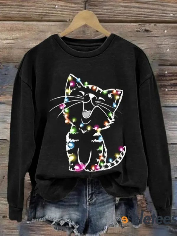 Women’s Christmas lights cat Print Sweatshirt