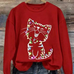Womens Christmas lights cat Print Sweatshirt1