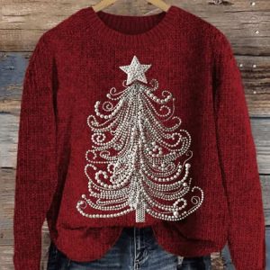 Womens Classy Christmas Tree Print Crew Neck Sweatshirt