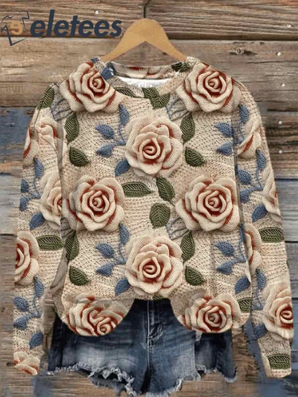 Women’s Floral Embroidery Pattern Art Print Sweatshirt