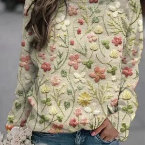 Women’s Floral Embroidery Pattern Art Printed Round Neck Long Sleeve Sweatshirt