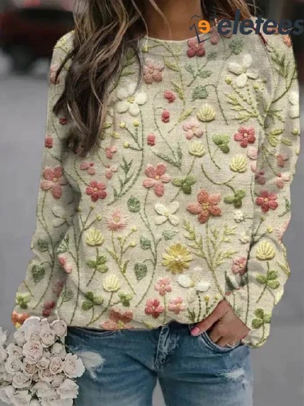 Women’s Floral Embroidery Pattern Art Printed Round Neck Long Sleeve Sweatshirt