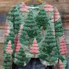 Women’s Green And Pink Christmas Tree Print Sweatshirt