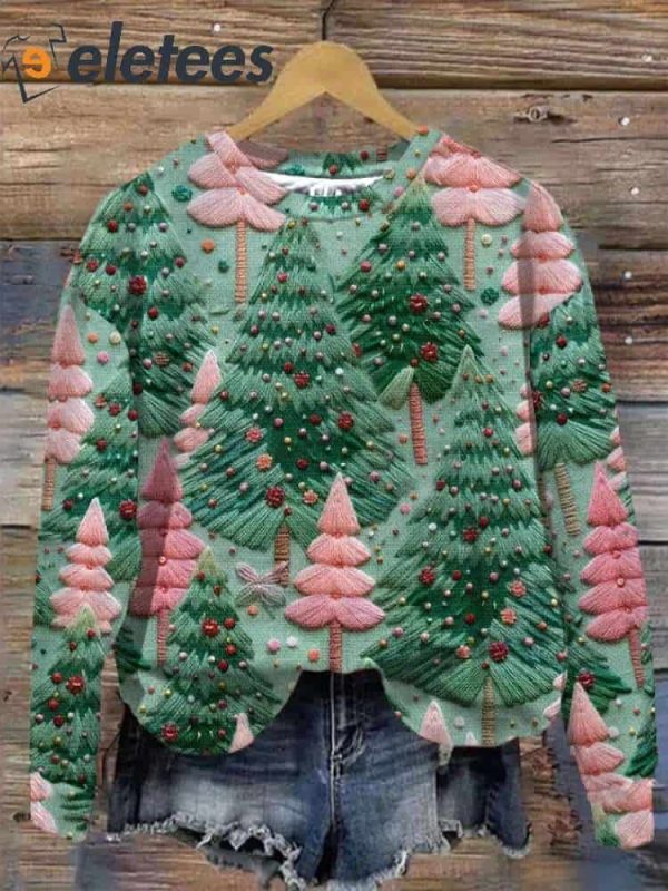 Women’s Green And Pink Christmas Tree Print Sweatshirt