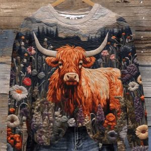 Women’s Highland Cow Embroidery Floral Printed Sweatshirt