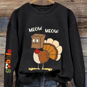 Womens Meow Meow Funny Turkey Thanksgiving Printed Sweatshirt