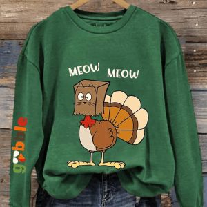 Womens Meow Meow Funny Turkey Thanksgiving Printed Sweatshirt1