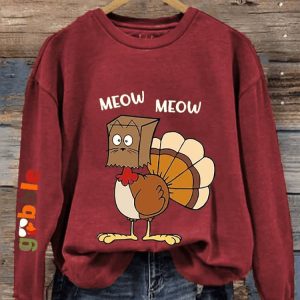 Womens Meow Meow Funny Turkey Thanksgiving Printed Sweatshirt2