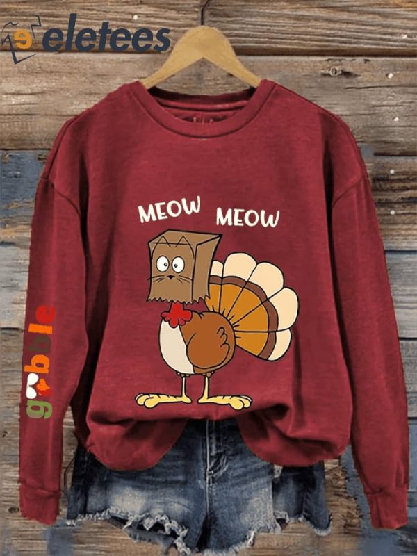 Women’s Meow Meow Funny Turkey Thanksgiving Printed Sweatshirt