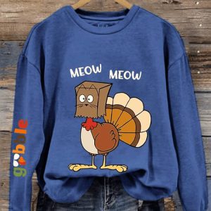 Womens Meow Meow Funny Turkey Thanksgiving Printed Sweatshirt3