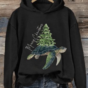 Womens Merry Chrismas Turtle Print Hoodie2