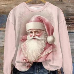 Women's Pink Santa Claus Print Christmas Casual Sweatshirt